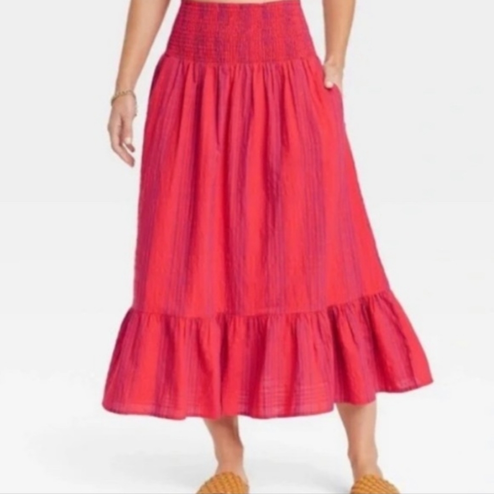 Universal Thread High Rise Smocked Waist Midi Skirt In Red/Purple Combo Size XXL
